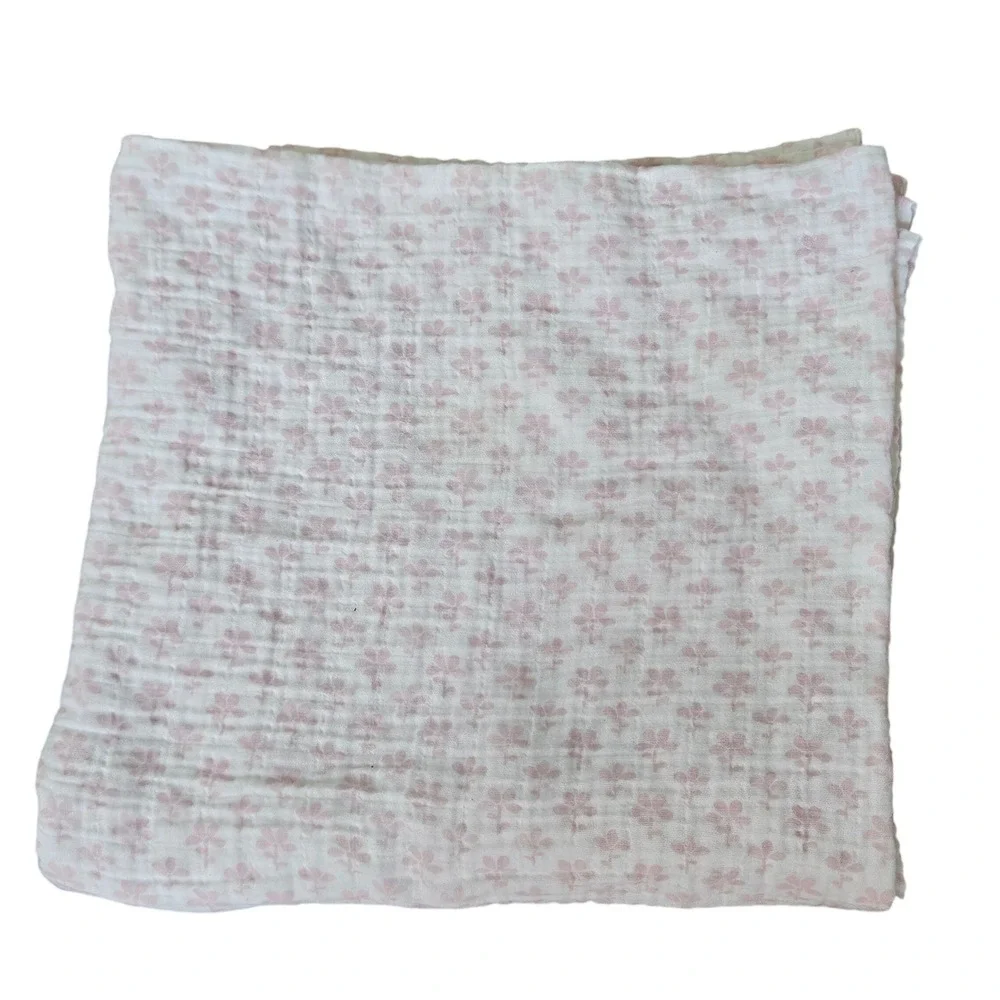 Pottery Barn Kids Organic Cotton Muslin Swaddle Pink Floral Baby‎ Blanket 50x50